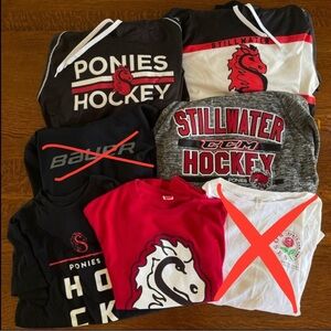 Lot of 6 Stillwater Hockey Sweatshirts, Shirts, and a drawstring bag.
